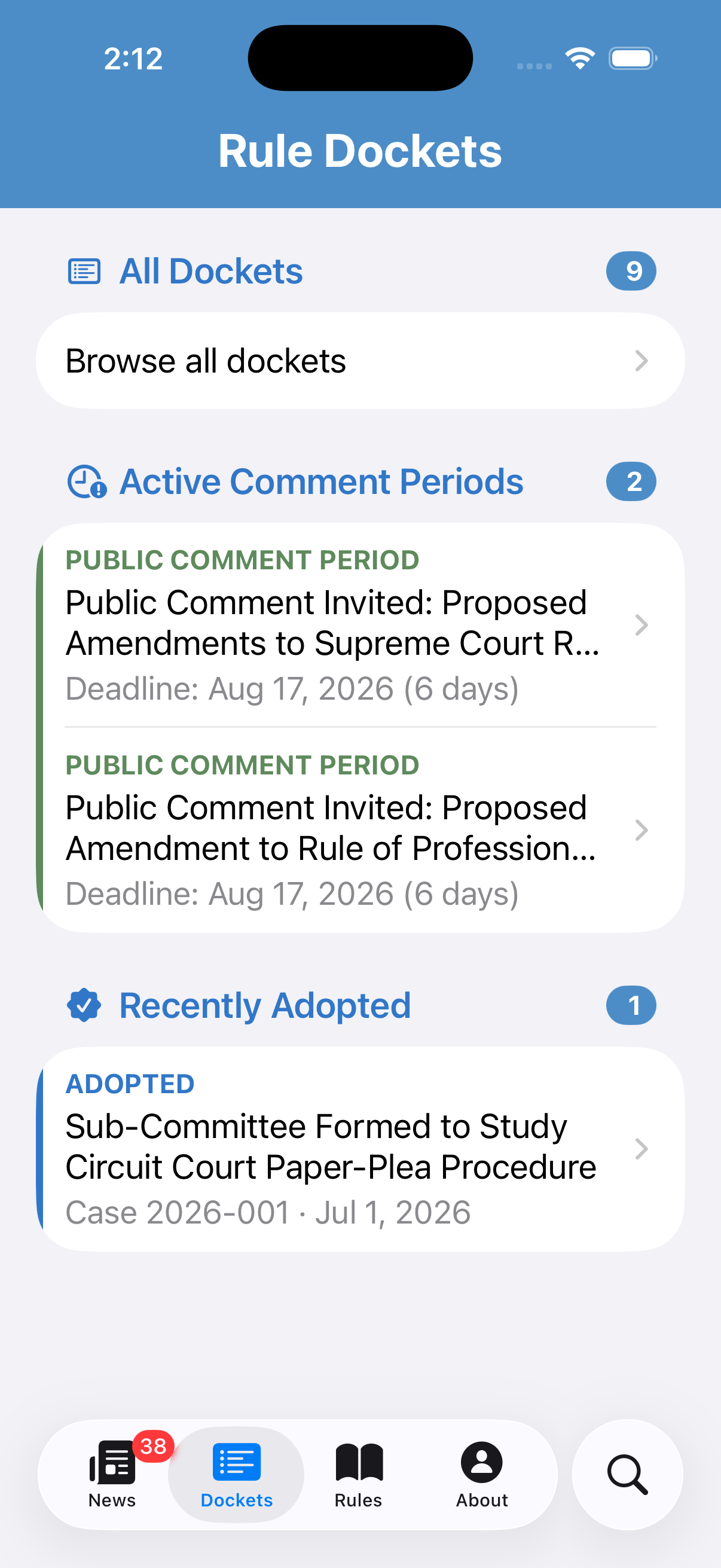 RoL-NH rule dockets with active comment periods and recently adopted changes